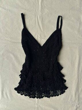 Black Crochet Lace Camisole Tank Top Y2K Boho Romantic Vintage Style